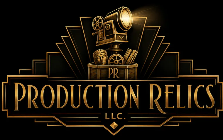 Production Relics LLC logo: an art deco marquee in gold with a film camera over a chest of props